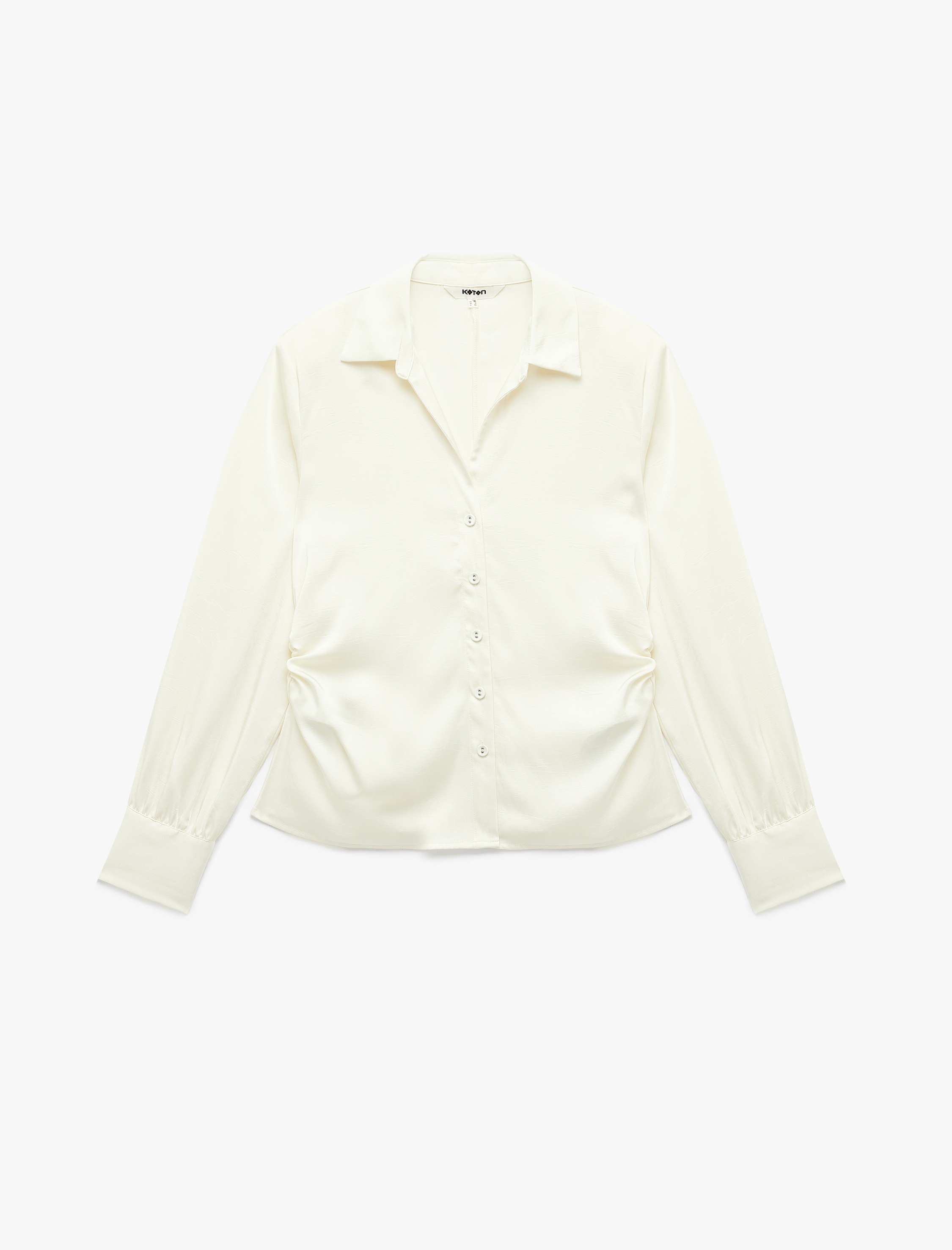   Slim Fit Uzun Kollu Büzgülü Kaçık Yaka Saten Gömlek