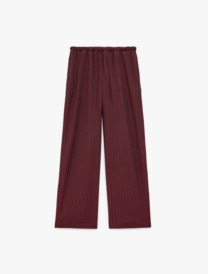  Beli Bağcıklı Yan Cepli Düz Geniş Paça Çizgili Pantolon