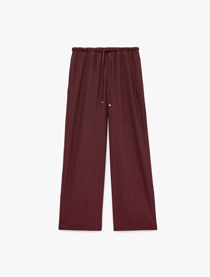  Beli Bağcıklı Yan Cepli Düz Geniş Paça Çizgili Pantolon