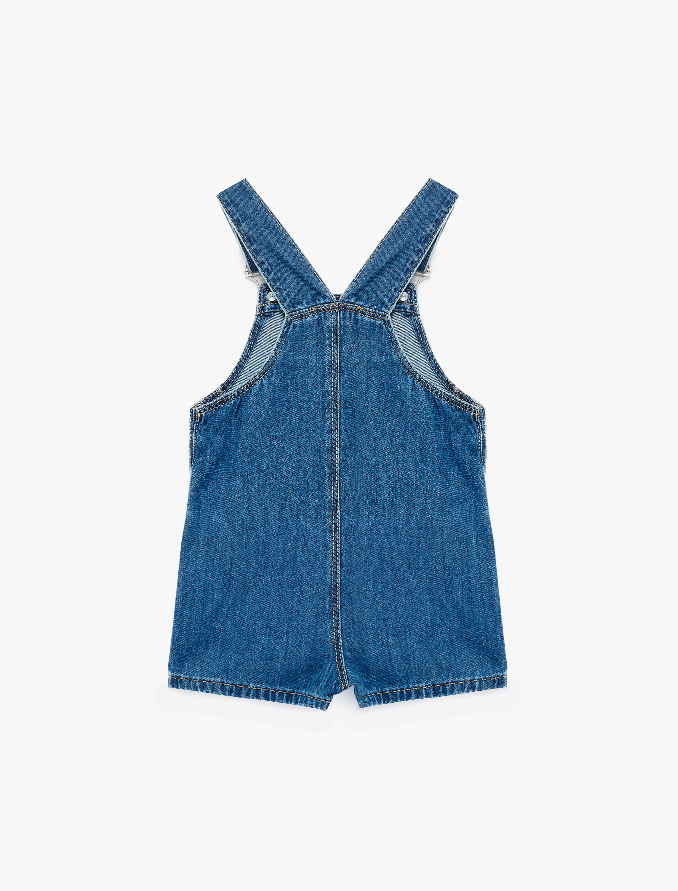  Kız Bebek Cepli Yıldız İşlemeli Pamuklu Kare Yaka Askılı Denim Salopet Tulum