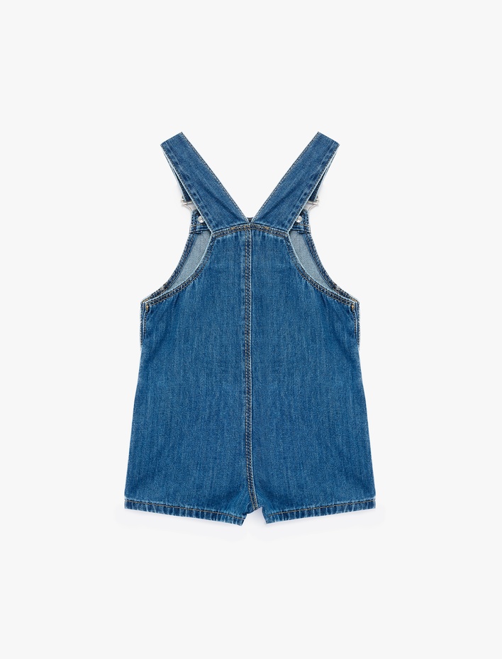 Kız Bebek Cepli Yıldız İşlemeli Pamuklu Kare Yaka Askılı Denim Salopet Tulum