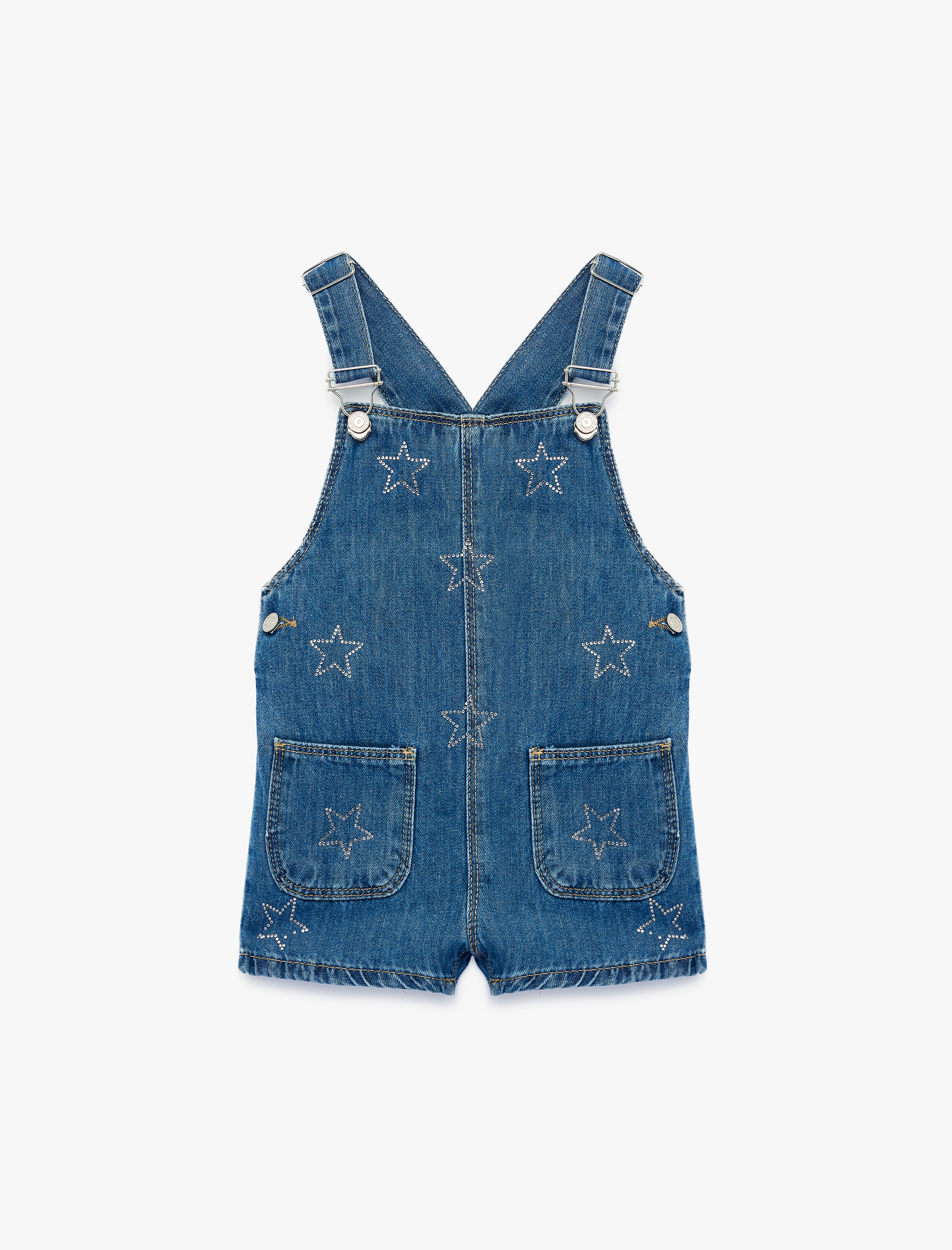  Kız Bebek Cepli Yıldız İşlemeli Pamuklu Kare Yaka Askılı Denim Salopet Tulum