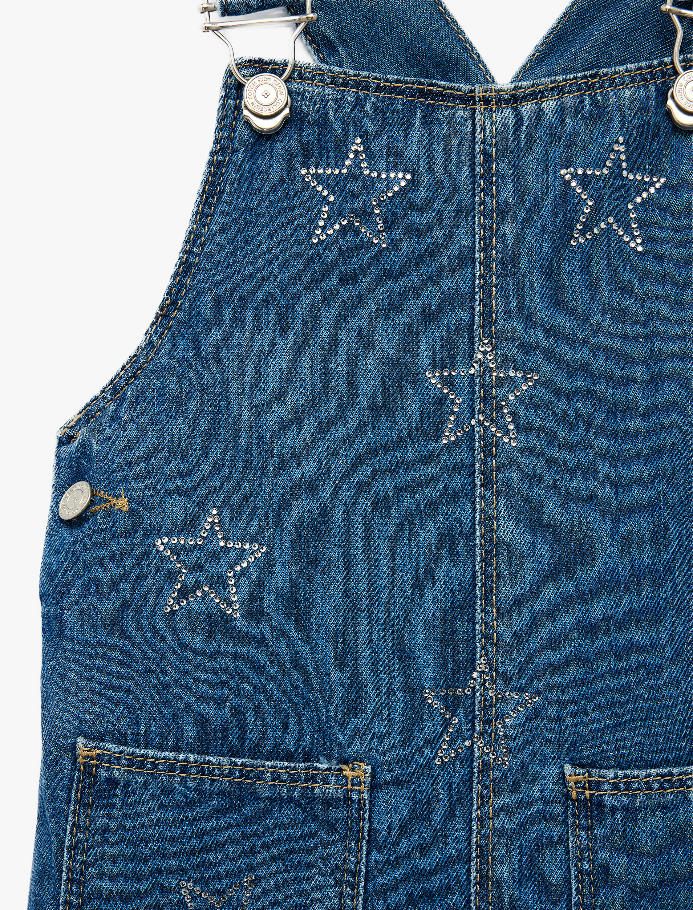  Kız Bebek Cepli Yıldız İşlemeli Pamuklu Kare Yaka Askılı Denim Salopet Tulum