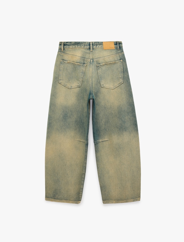  Normal Bel Rahat Kalıp Yırtık Detaylı Pamuklu Eskitmeli Barrel Denim Pantolon - Barrel Jeans