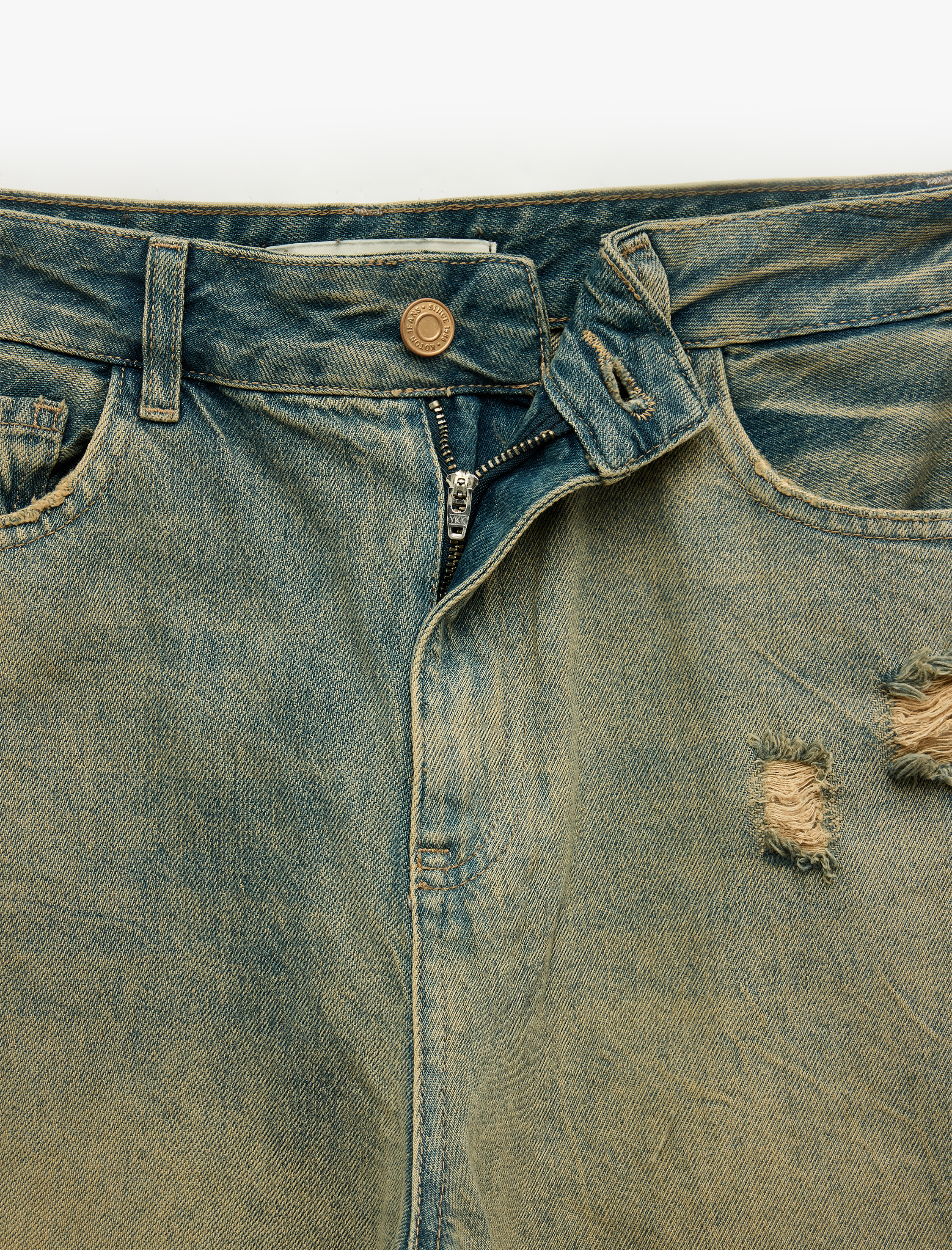   Normal Bel Rahat Kalıp Yırtık Detaylı Pamuklu Eskitmeli Barrel Denim Pantolon - Barrel Jeans