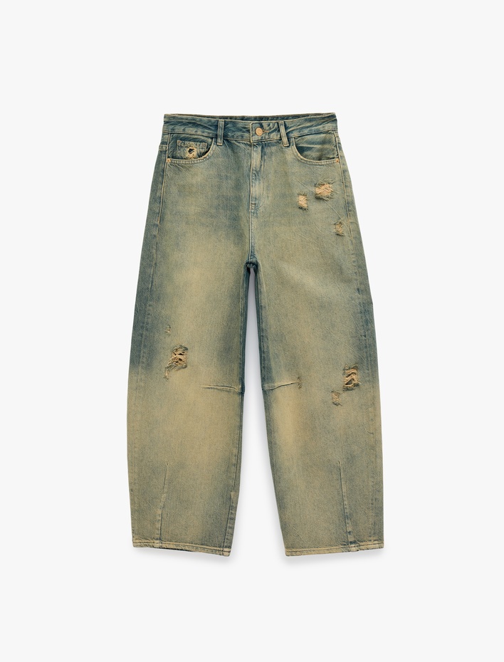  Normal Bel Rahat Kalıp Yırtık Detaylı Pamuklu Eskitmeli Barrel Denim Pantolon - Barrel Jeans