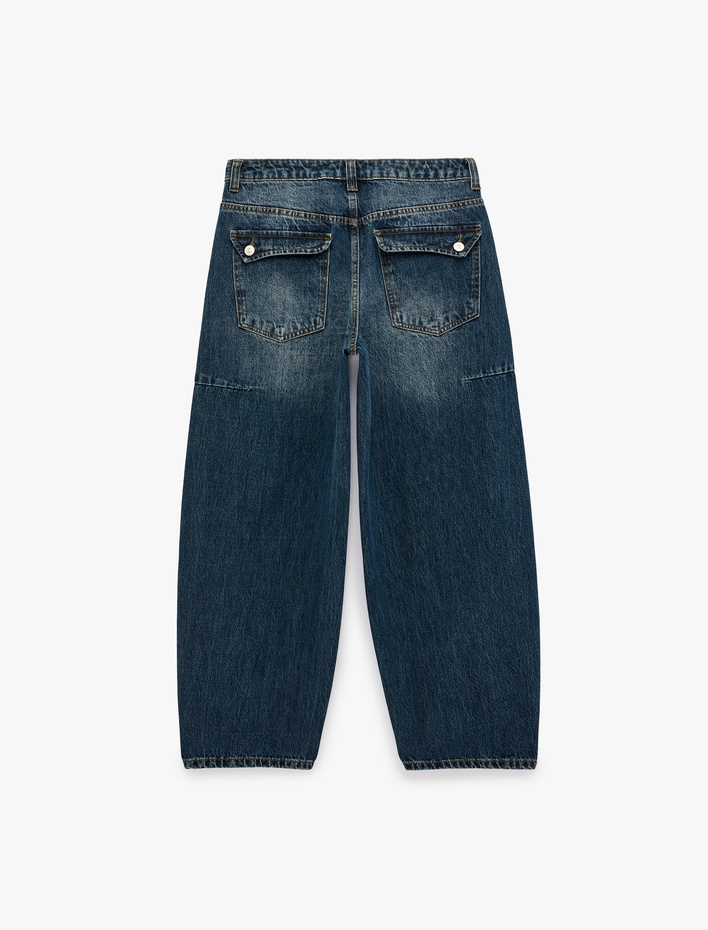  Cep Detaylı Normal Bel Pamuklu Rahat Kalıp Barrel Denim Pantolon - Barrel Jeans