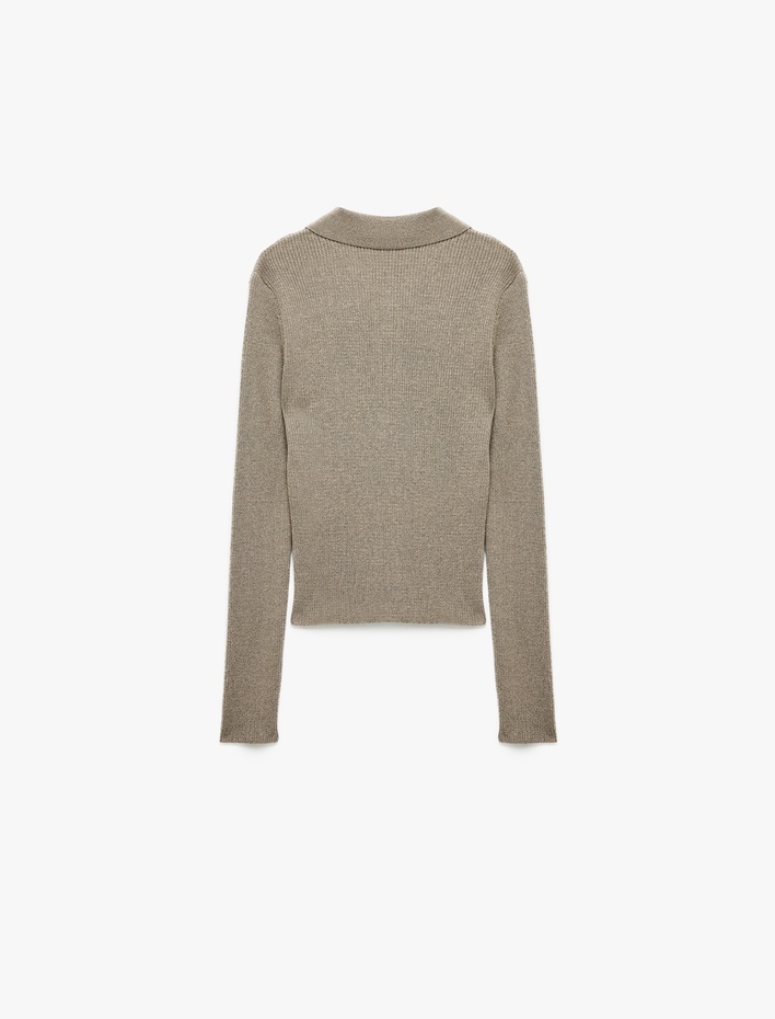  Uzun Kollu Yarım Düğmeli Simli Fit Polo Yaka Triko Kazak