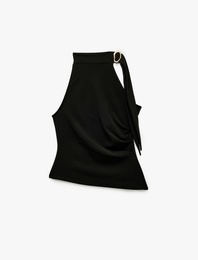 Slim Fit Drapeli Asimetrik Metal Aksesuarlı Dik Yaka Kolsuz Bluz