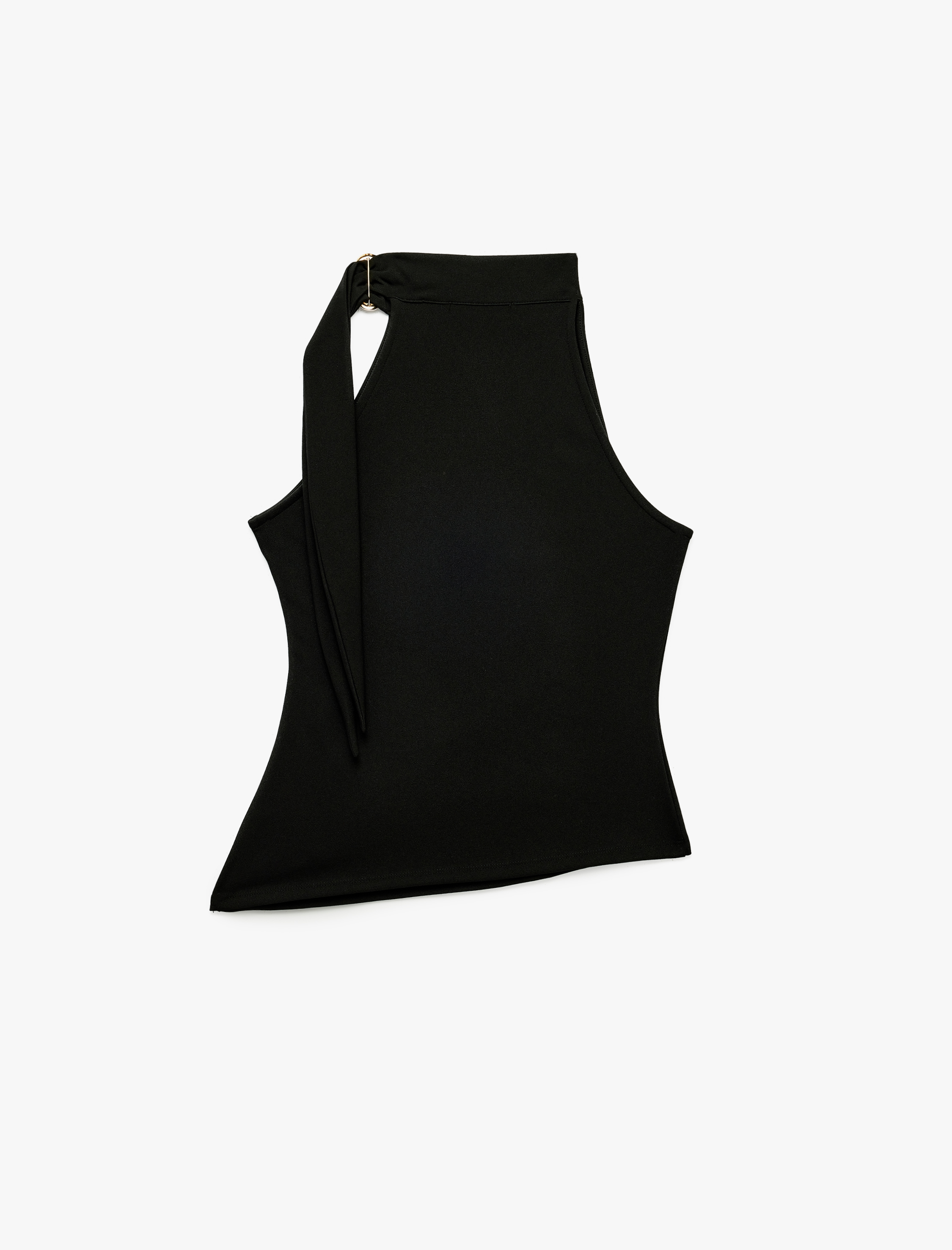  Slim Fit Drapeli Asimetrik Metal Aksesuarlı Dik Yaka Kolsuz Bluz