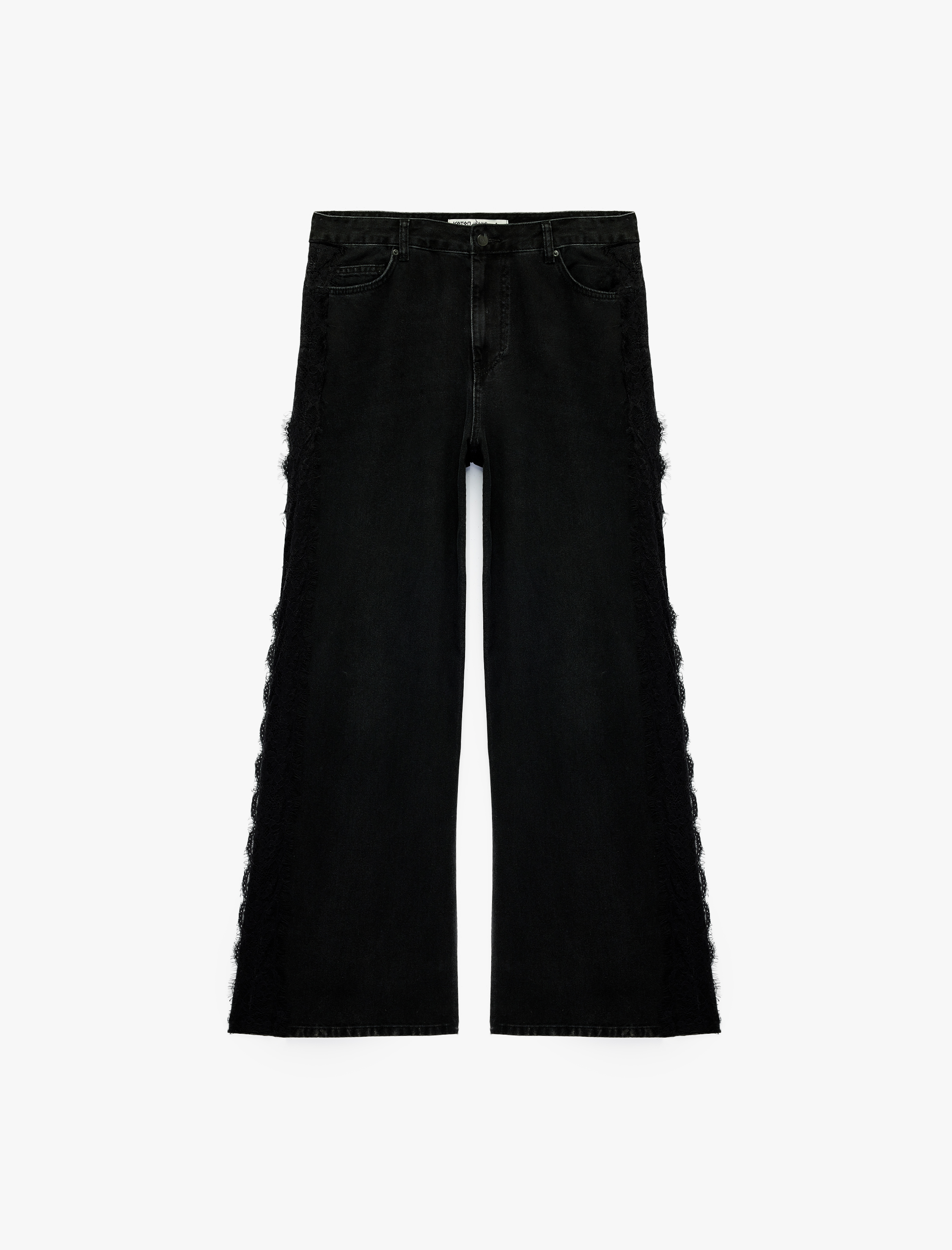   Dantel Detaylı Normal Bel Pamuklu Geniş Paça Denim Pantolon -  Wide Leg Jeans