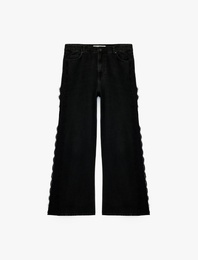 Dantel Detaylı Normal Bel Pamuklu Geniş Paça Denim Pantolon -  Wide Leg Jeans