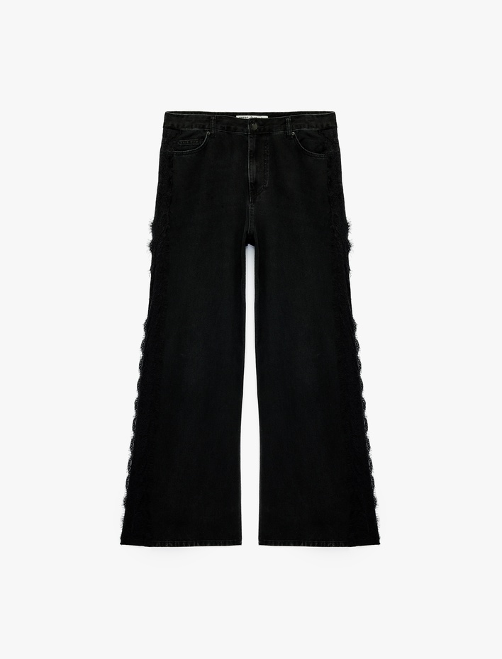  Dantel Detaylı Normal Bel Pamuklu Geniş Paça Denim Pantolon -  Wide Leg Jeans