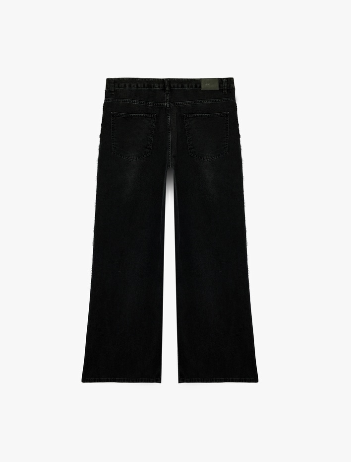  Dantel Detaylı Normal Bel Pamuklu Geniş Paça Denim Pantolon -  Wide Leg Jeans
