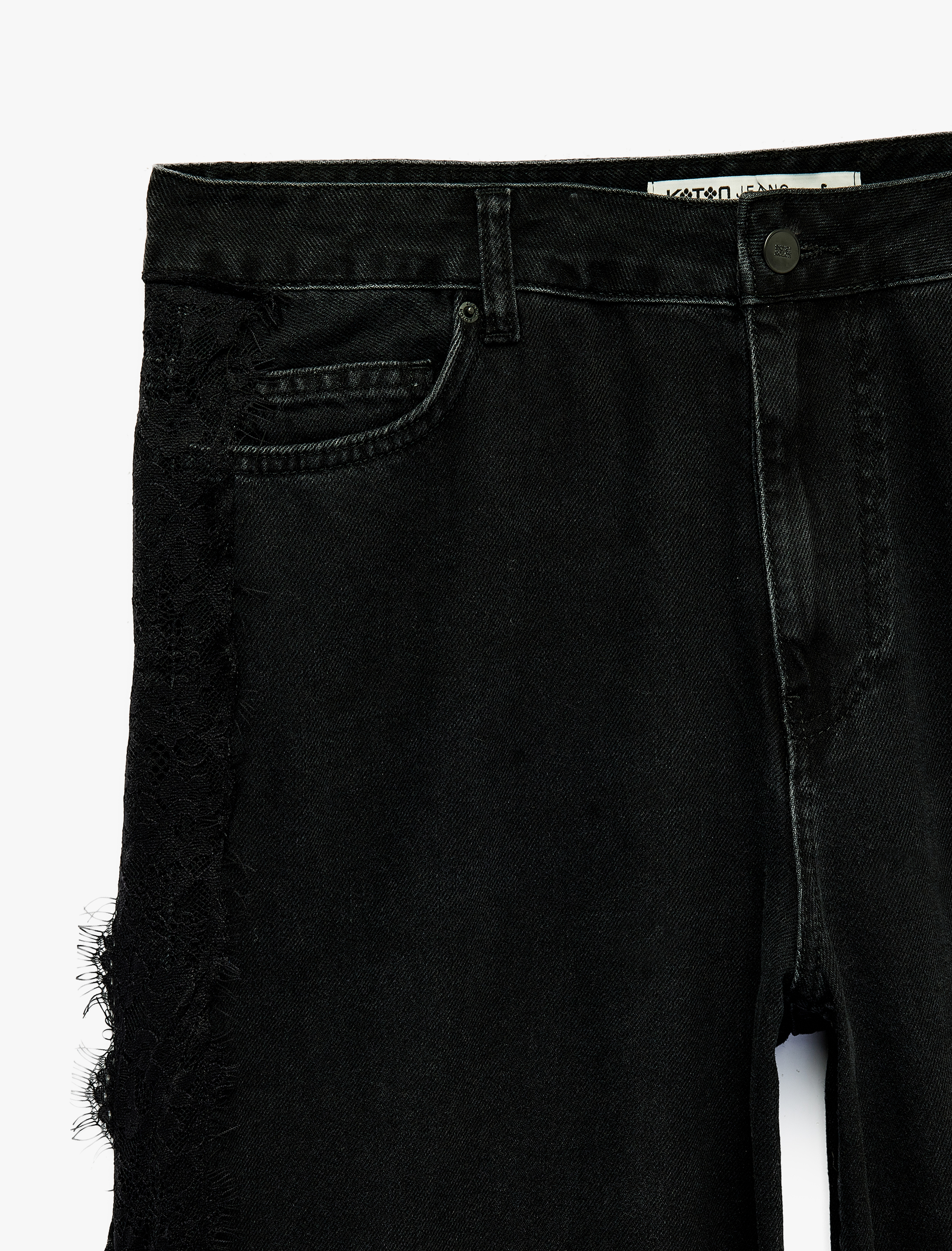   Dantel Detaylı Normal Bel Pamuklu Geniş Paça Denim Pantolon -  Wide Leg Jeans