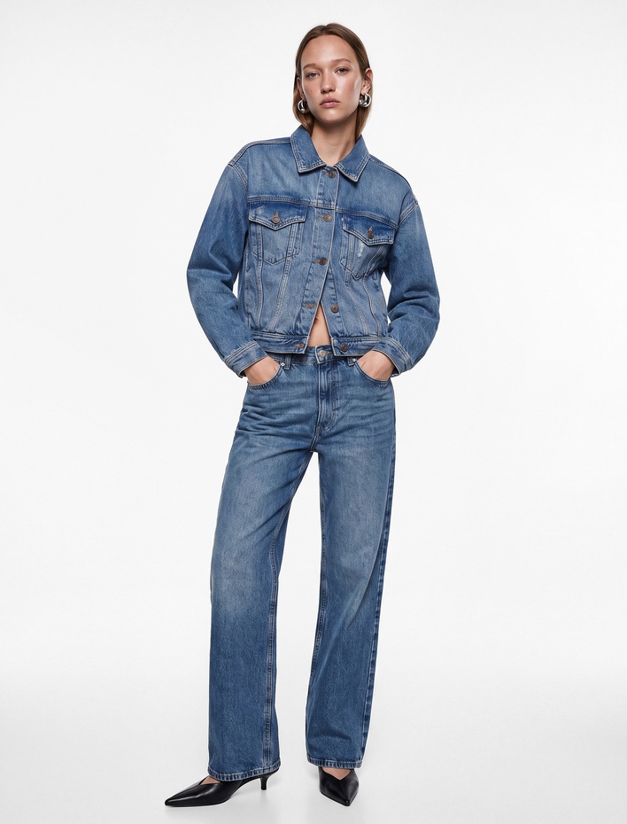  Pamuklu Klasik Yaka Uzun Kollu Cep Detaylı Düğmeli Denim Ceket