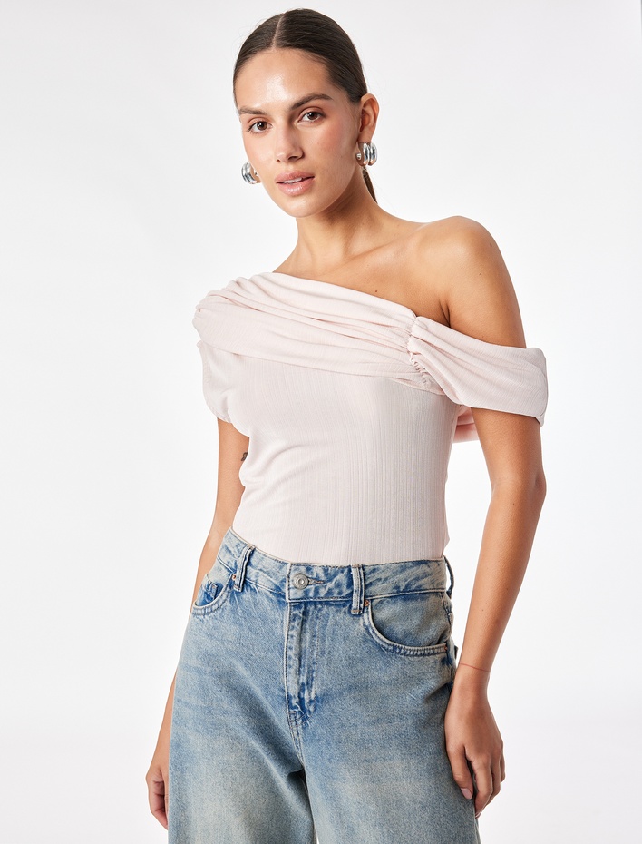  Drapeli Slim Fit Straplez Açık Omuz Bodysuit