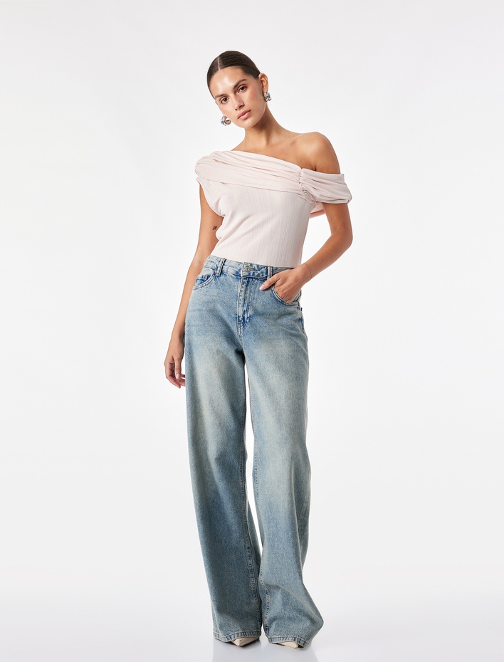 Drapeli Slim Fit Straplez Açık Omuz Bodysuit