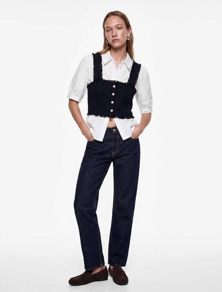  Slim Fit Düğmeli Kısa Balon Kollu Klasik Yaka Tüvit Katmanlı Crop Bluz