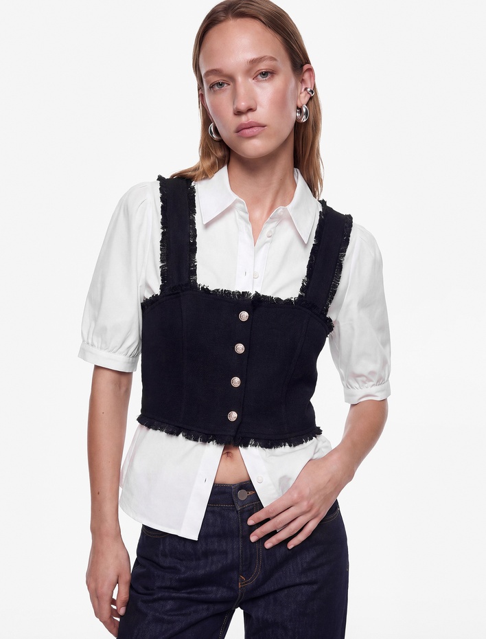  Slim Fit Düğmeli Kısa Balon Kollu Klasik Yaka Tüvit Katmanlı Crop Bluz