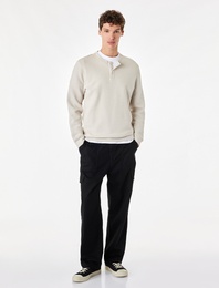 Uzun Kollu Pamuklu Waffle Dokulu Henley Yaka Sweatshirt