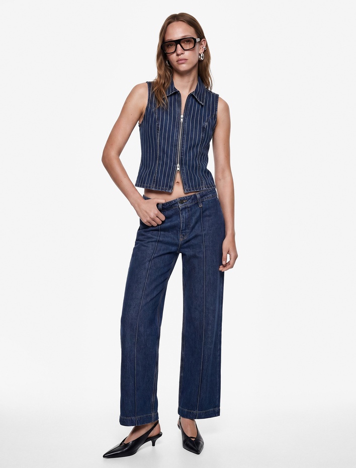  Normal Bel Cepli Düğmeli Geniş Paça Nervürlü Denim Pantolon - Culotte Jeans