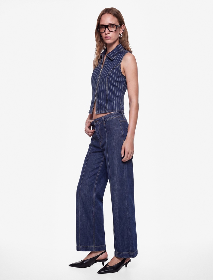  Normal Bel Cepli Düğmeli Geniş Paça Nervürlü Denim Pantolon - Culotte Jeans