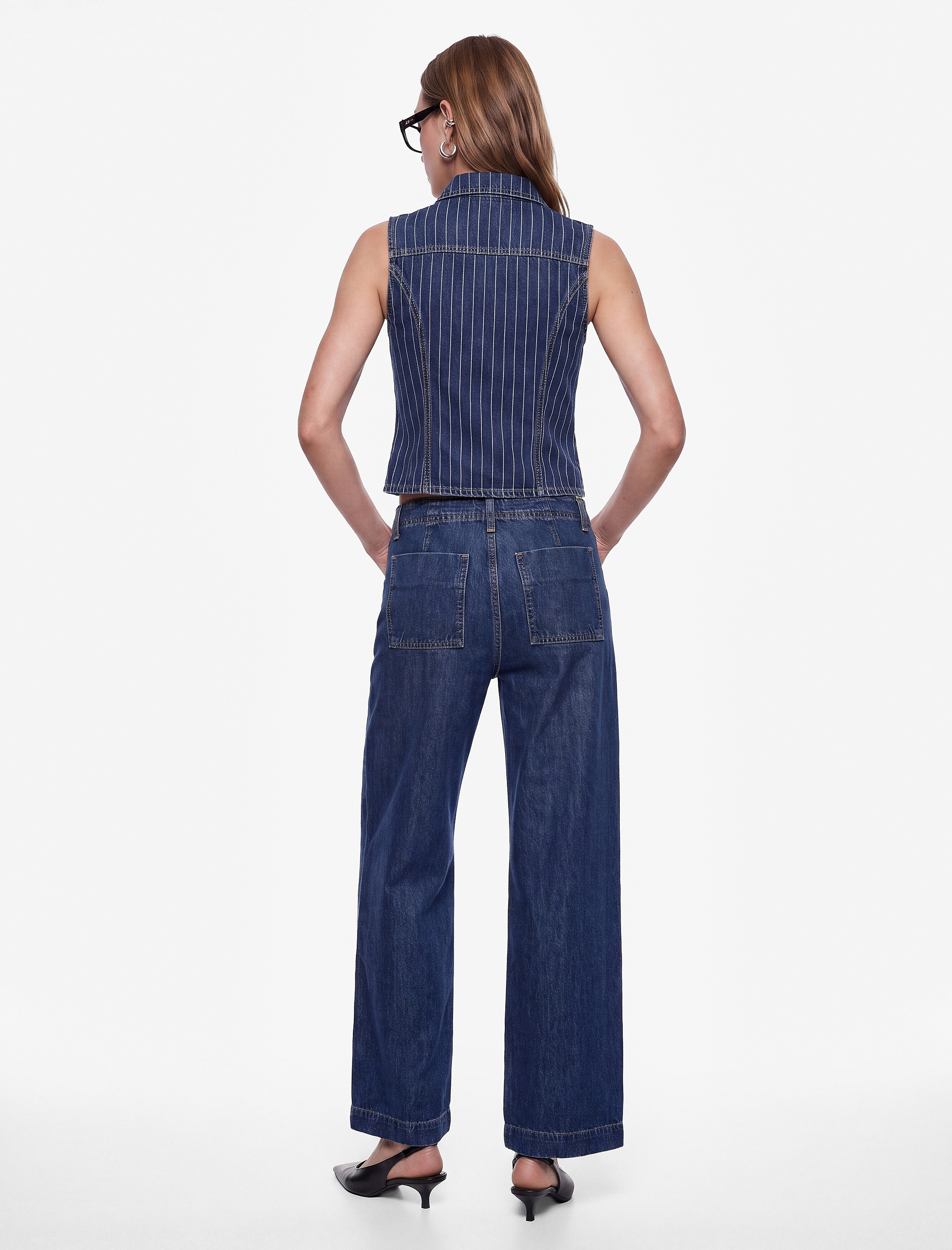 Koton Normal Bel Cepli Düğmeli Geniş Paça Nervürlü Denim Pantolon - Culotte Jeans görsel 5
