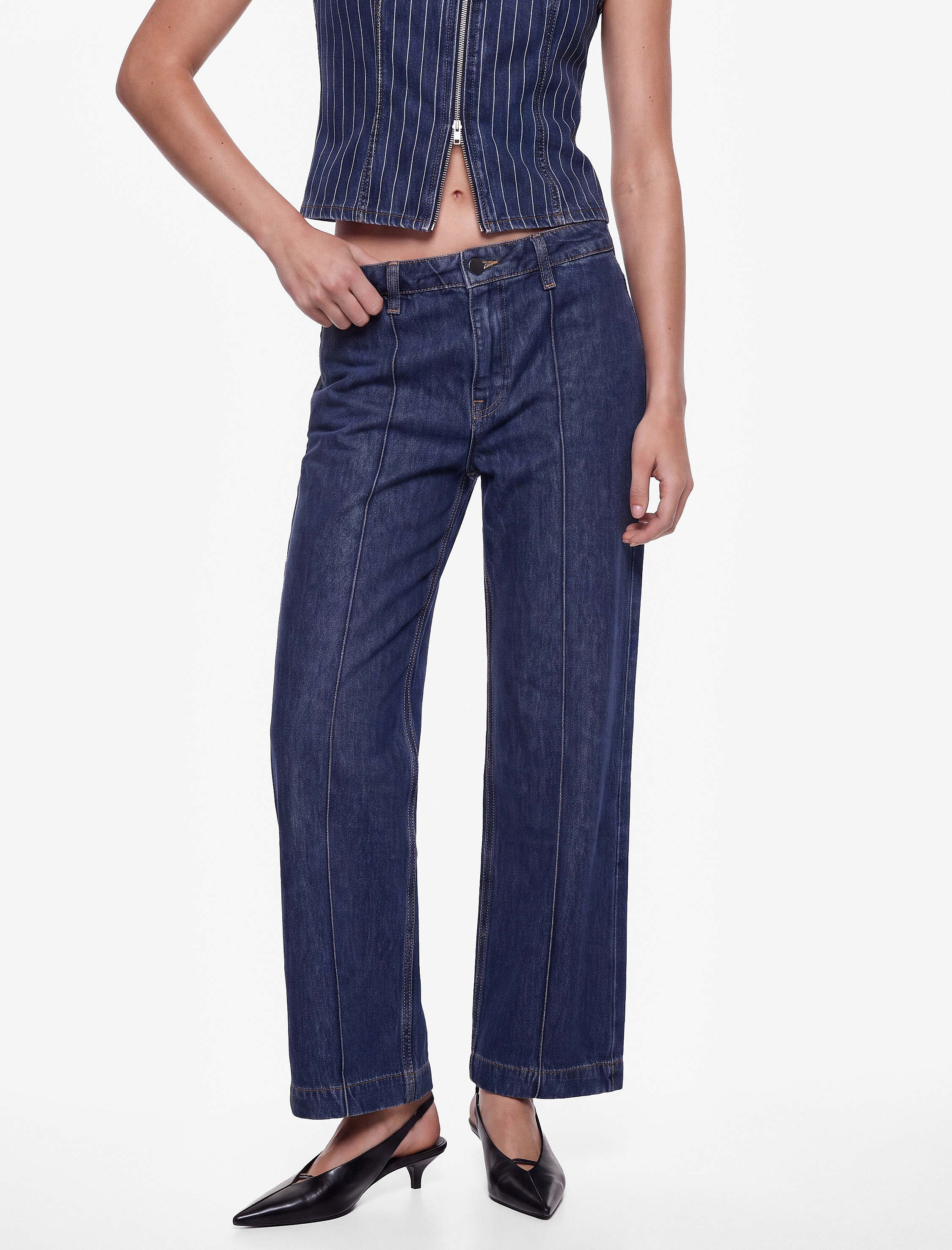 Koton Normal Bel Cepli Düğmeli Geniş Paça Nervürlü Denim Pantolon - Culotte Jeans görsel 3