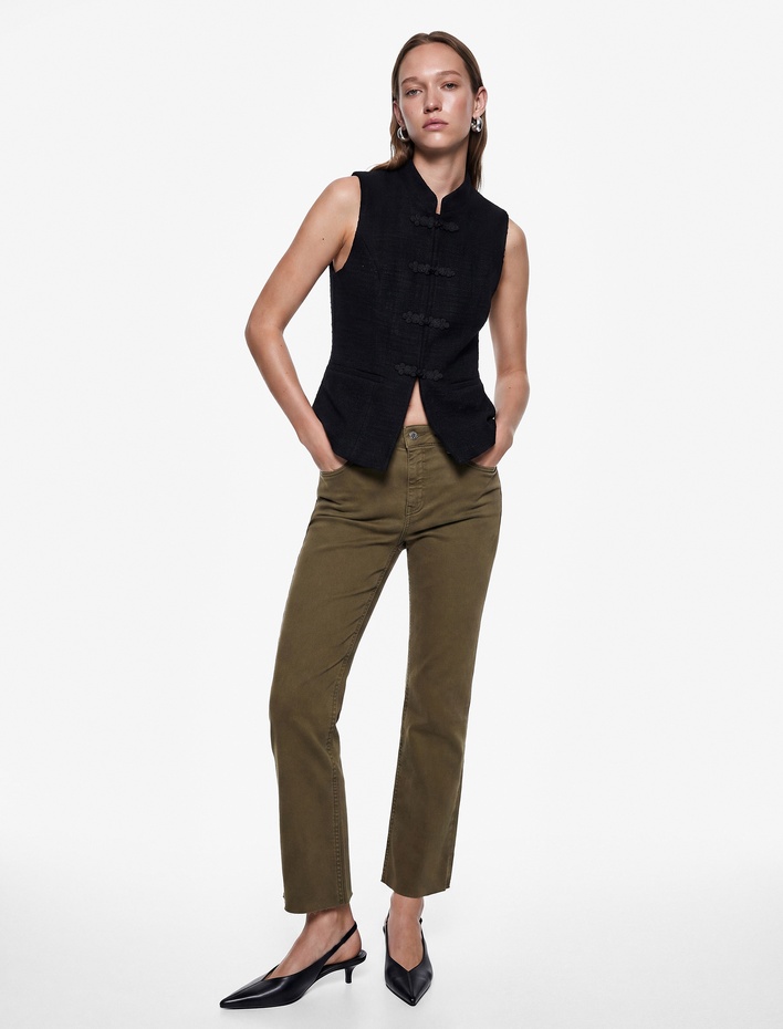  Pamuklu Dar Kalıp Düğmeli Cepli İspanyol Paça Crop Jean Pantolon -  Kick Flare Jeans
