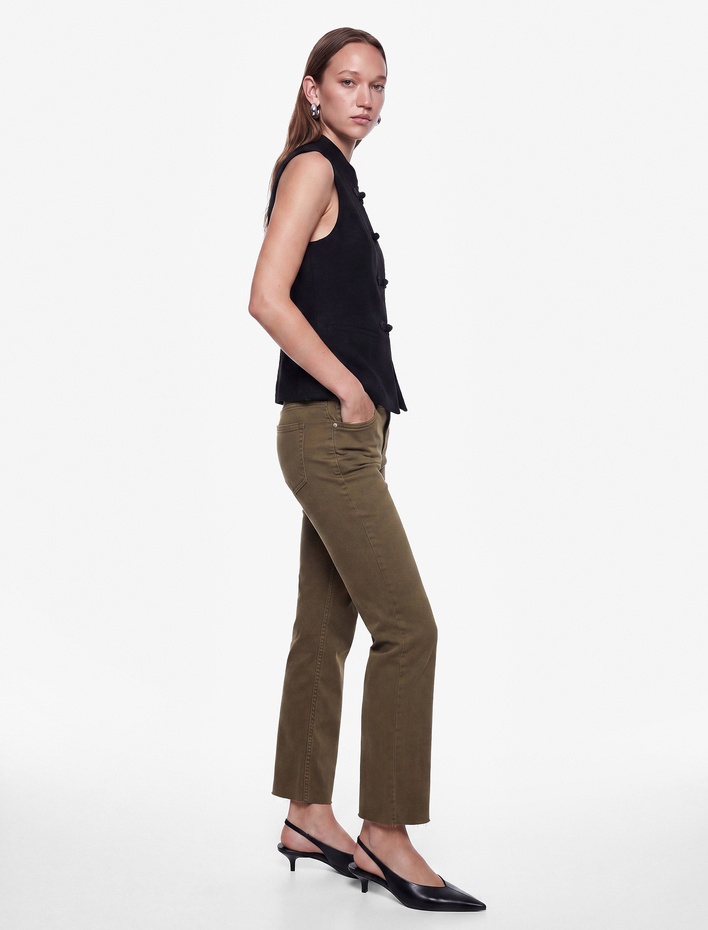  Pamuklu Dar Kalıp Düğmeli Cepli İspanyol Paça Crop Jean Pantolon -  Kick Flare Jeans