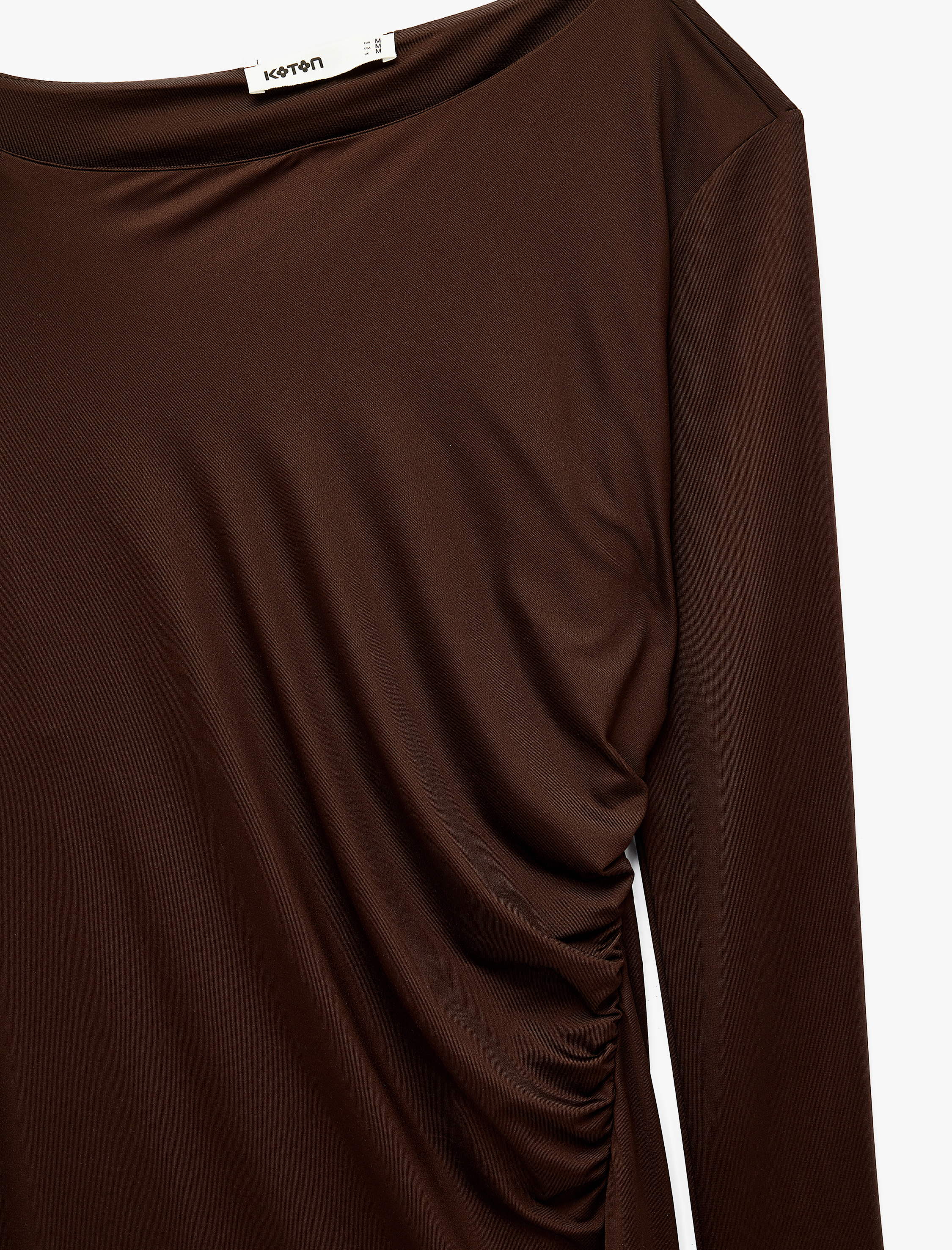 Koton Yırtmaç Detaylı Büzgülü Slim Fit Uzun Kollu Asimetrik Kayık Yaka Midi Elbise görsel 7