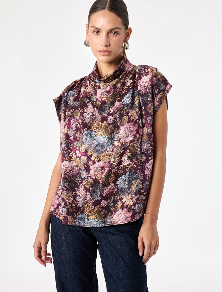  Regular Fit Çiçek Desenli Dik Degaje Yaka Kolsuz Bluz