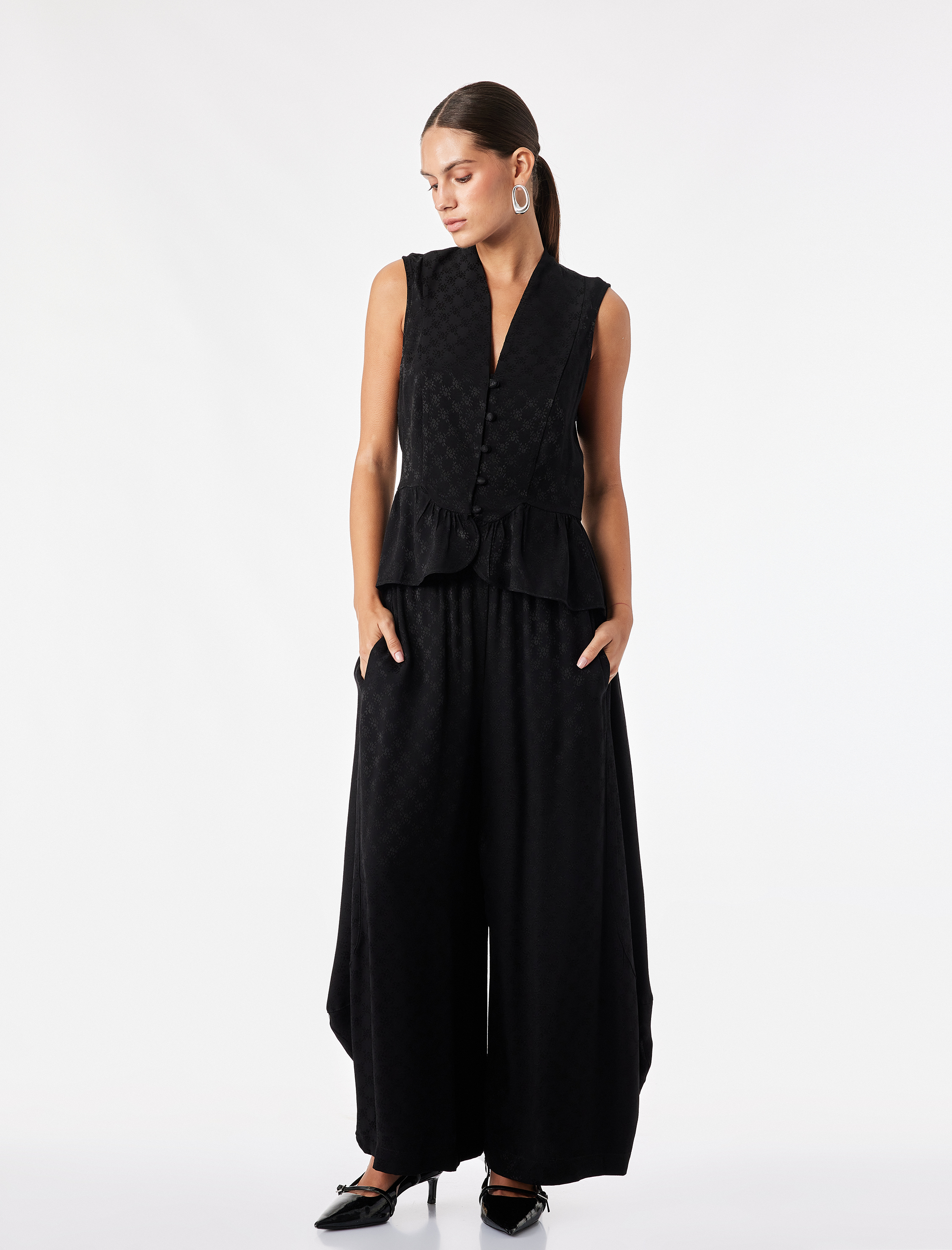   Cepli Bol Kesim Floral Dokulu Şalvar Pantolon