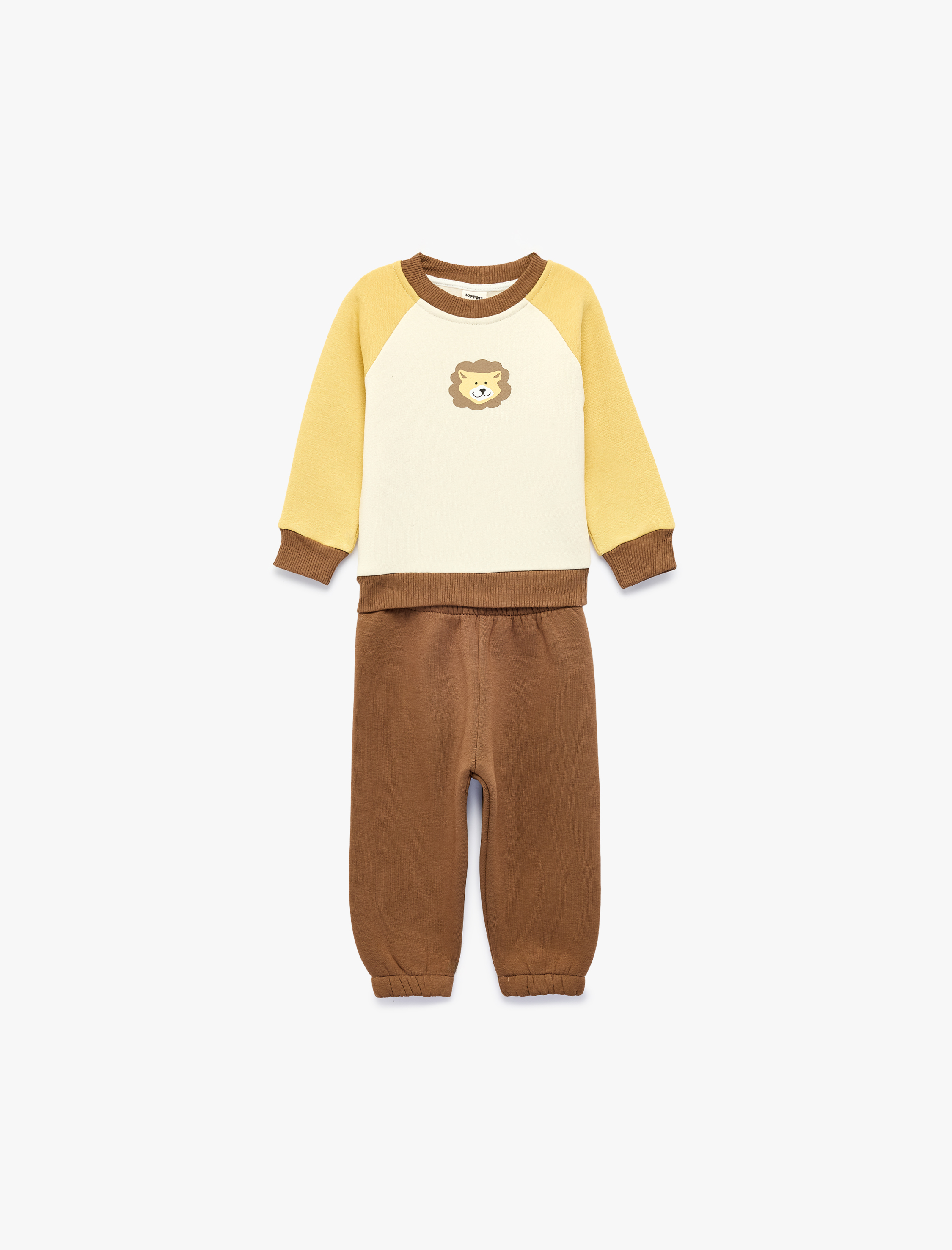  Erkek Bebek Renk Bloklu Aslan Baskılı Şardonlu Sweatshirt ve Eşofman Altı Seti