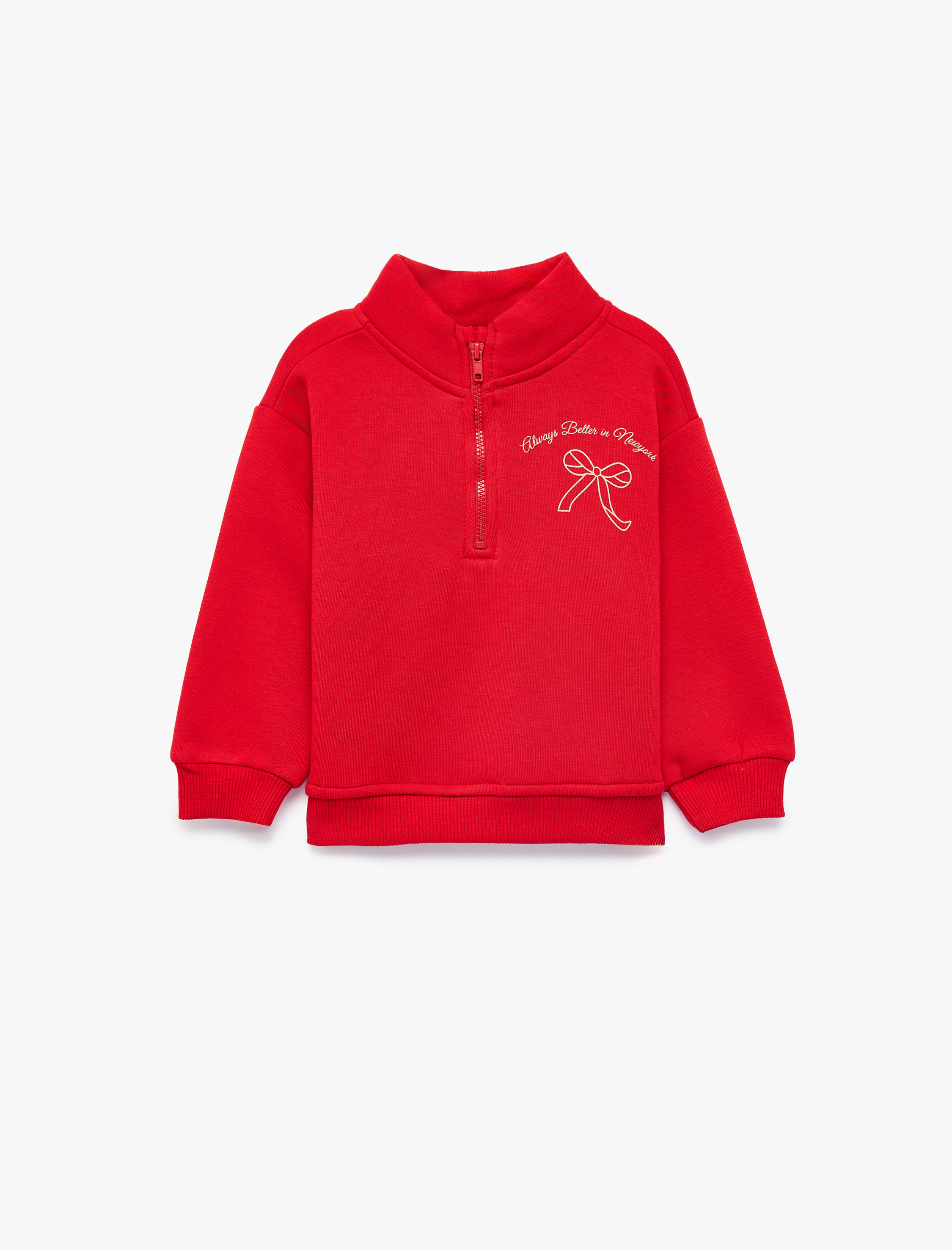  Kız Bebek Fiyonk Baskı Detaylı Şardonlu Uzun Kollu Fermuarlı Yaka Sweatshirt