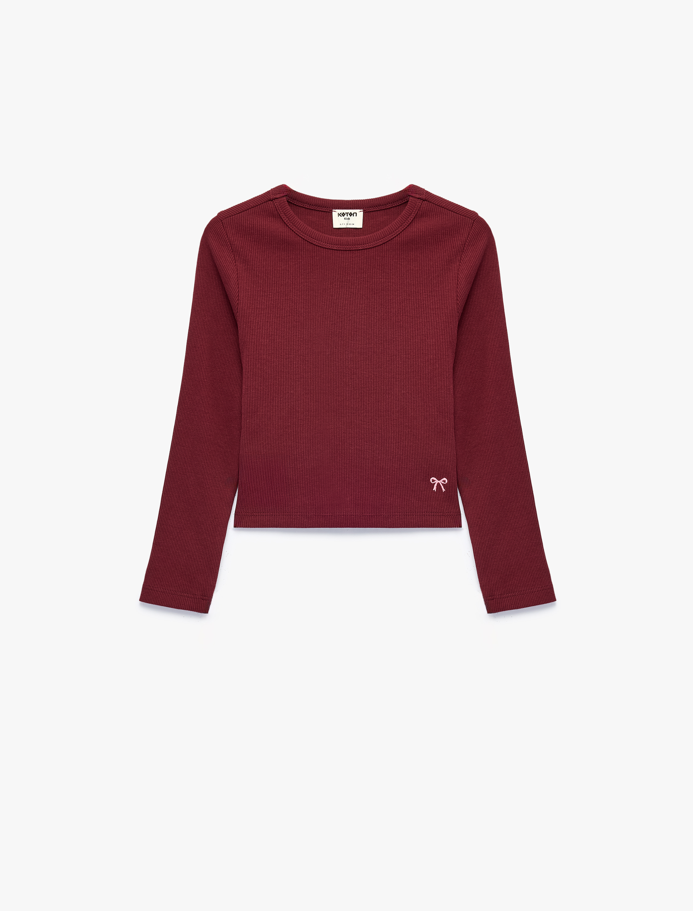  Kız Çocuk Nakış Detaylı Slim Fit Pamuklu Kaşkorse Bisiklet Yaka Uzun Kollu Tişört