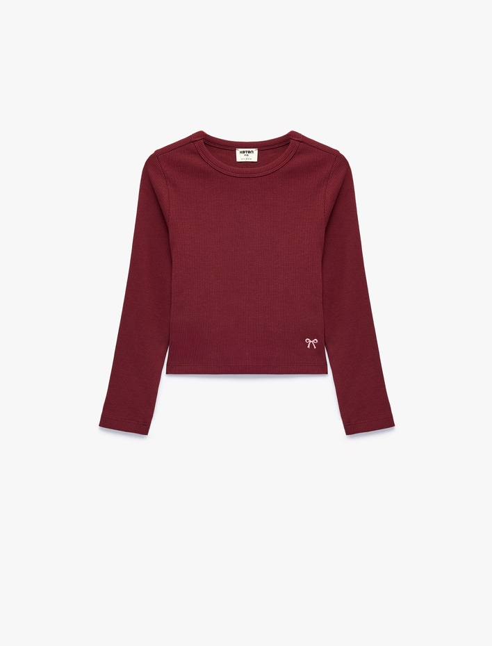 Kız Çocuk Nakış Detaylı Slim Fit Pamuklu Kaşkorse Bisiklet Yaka Uzun Kollu Tişört