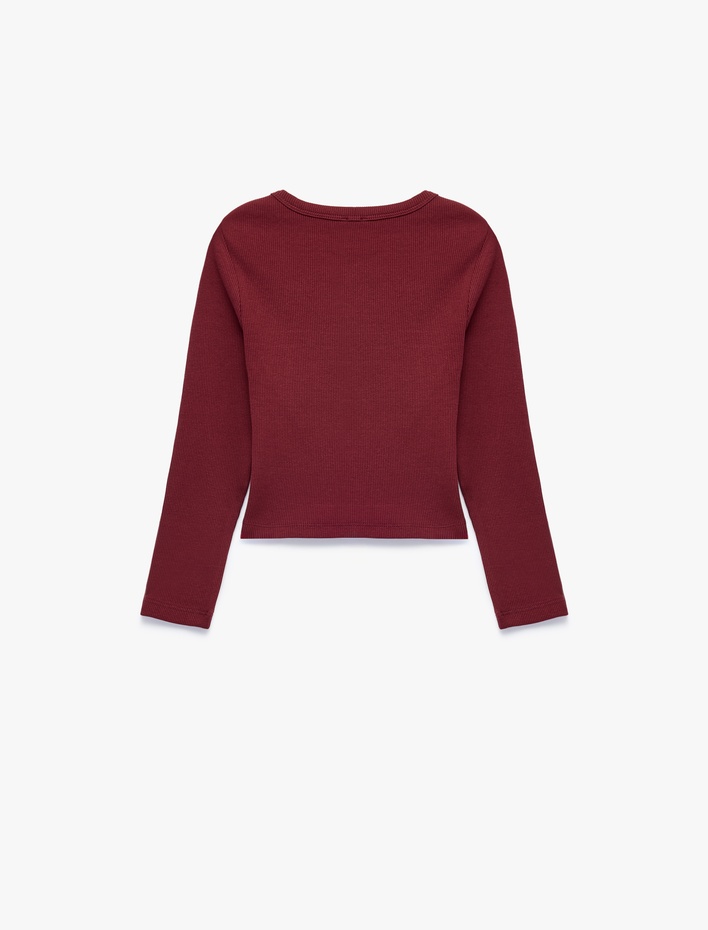 Kız Çocuk Nakış Detaylı Slim Fit Pamuklu Kaşkorse Bisiklet Yaka Uzun Kollu Tişört