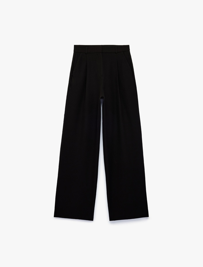  Yüksek Bel Cepli Regular Fit Geniş Paça Kumaş Pantolon