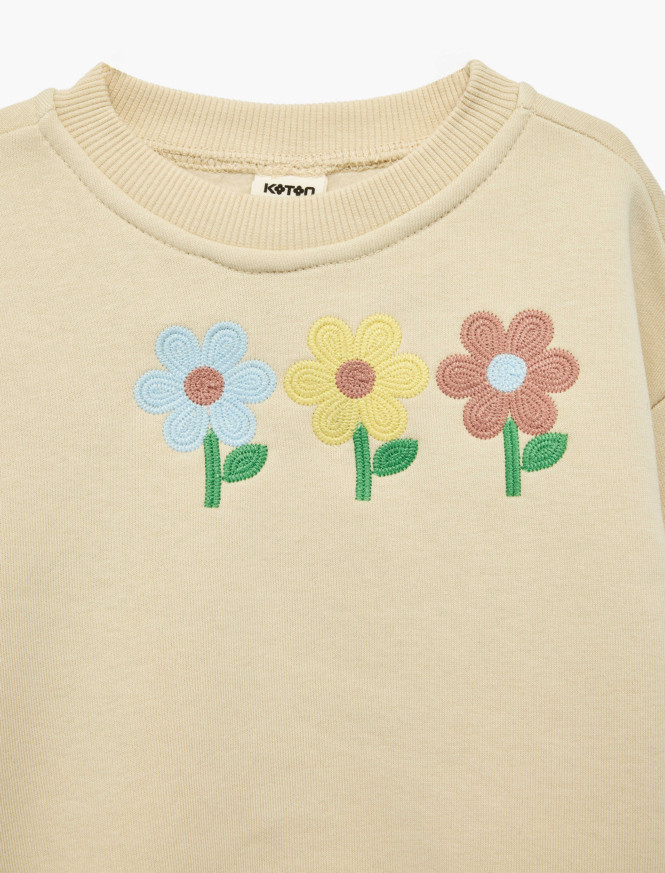  Kız Bebek Çiçek Nakışlı Uzun Kollu Bisiklet Yaka Şardonlu Sweatshirt