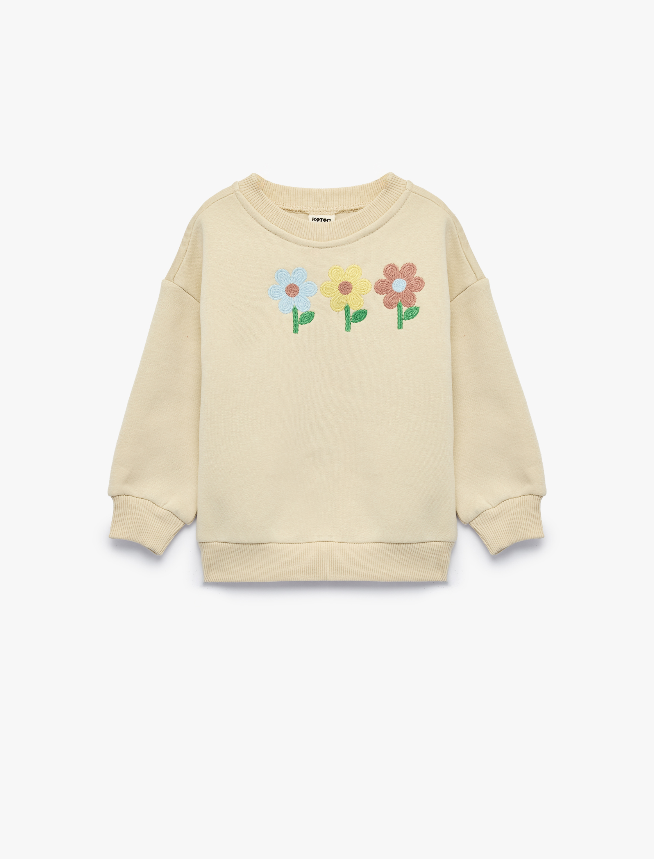  Kız Bebek Çiçek Nakışlı Uzun Kollu Bisiklet Yaka Şardonlu Sweatshirt