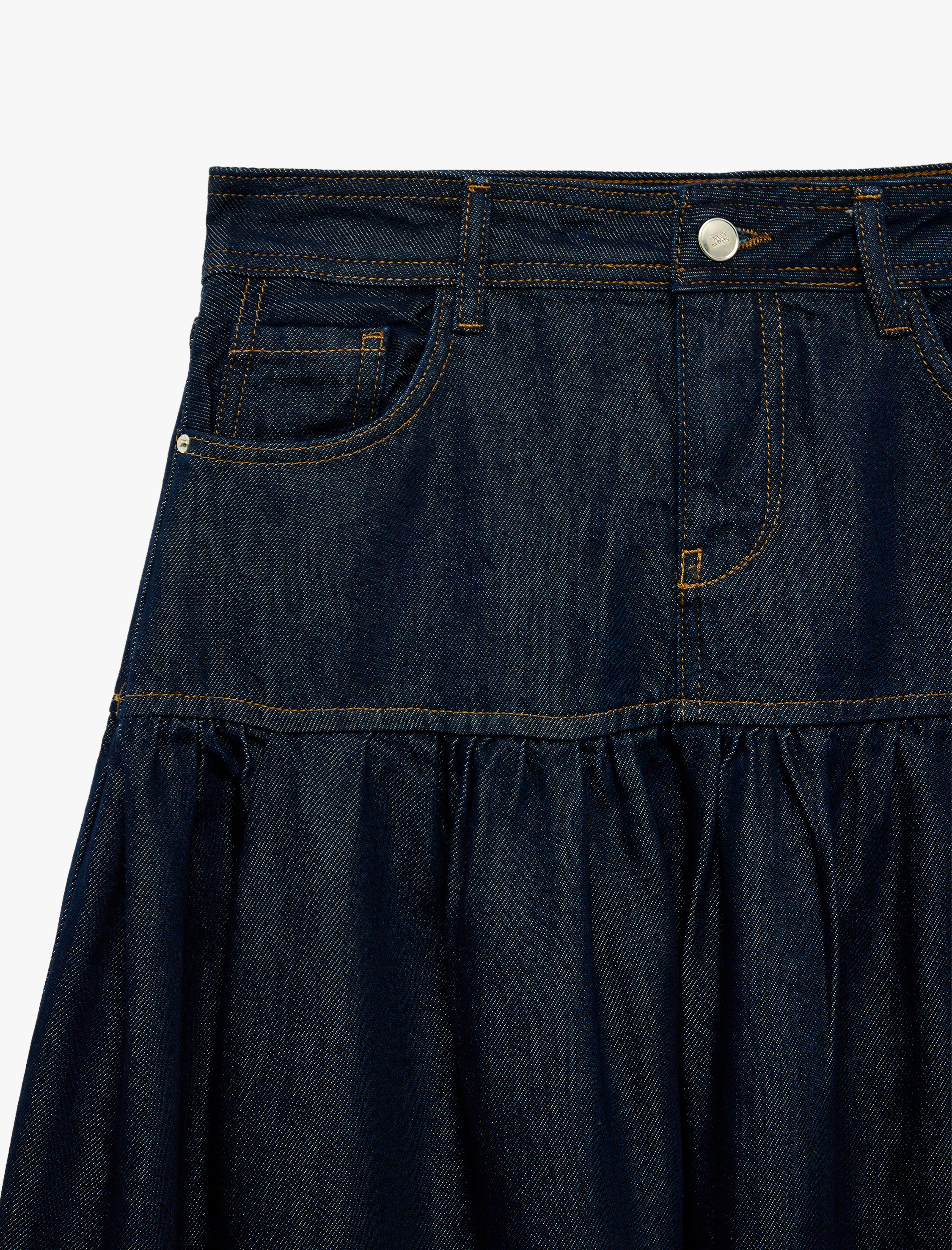   Normal Bel Cep Detaylı Rahat Kesim Büzgülü Volanlı Denim Uzun Etek