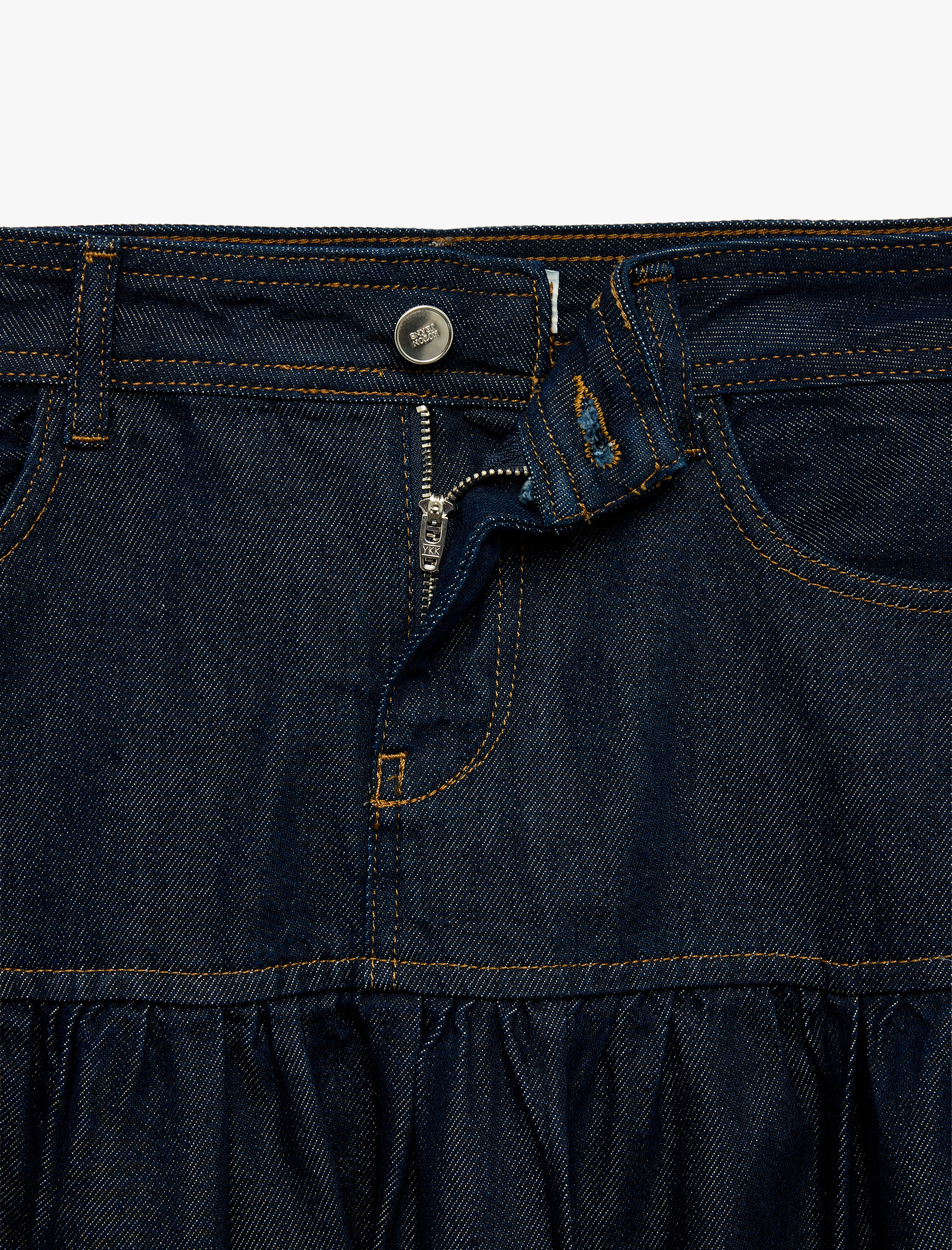   Normal Bel Cep Detaylı Rahat Kesim Büzgülü Volanlı Denim Uzun Etek