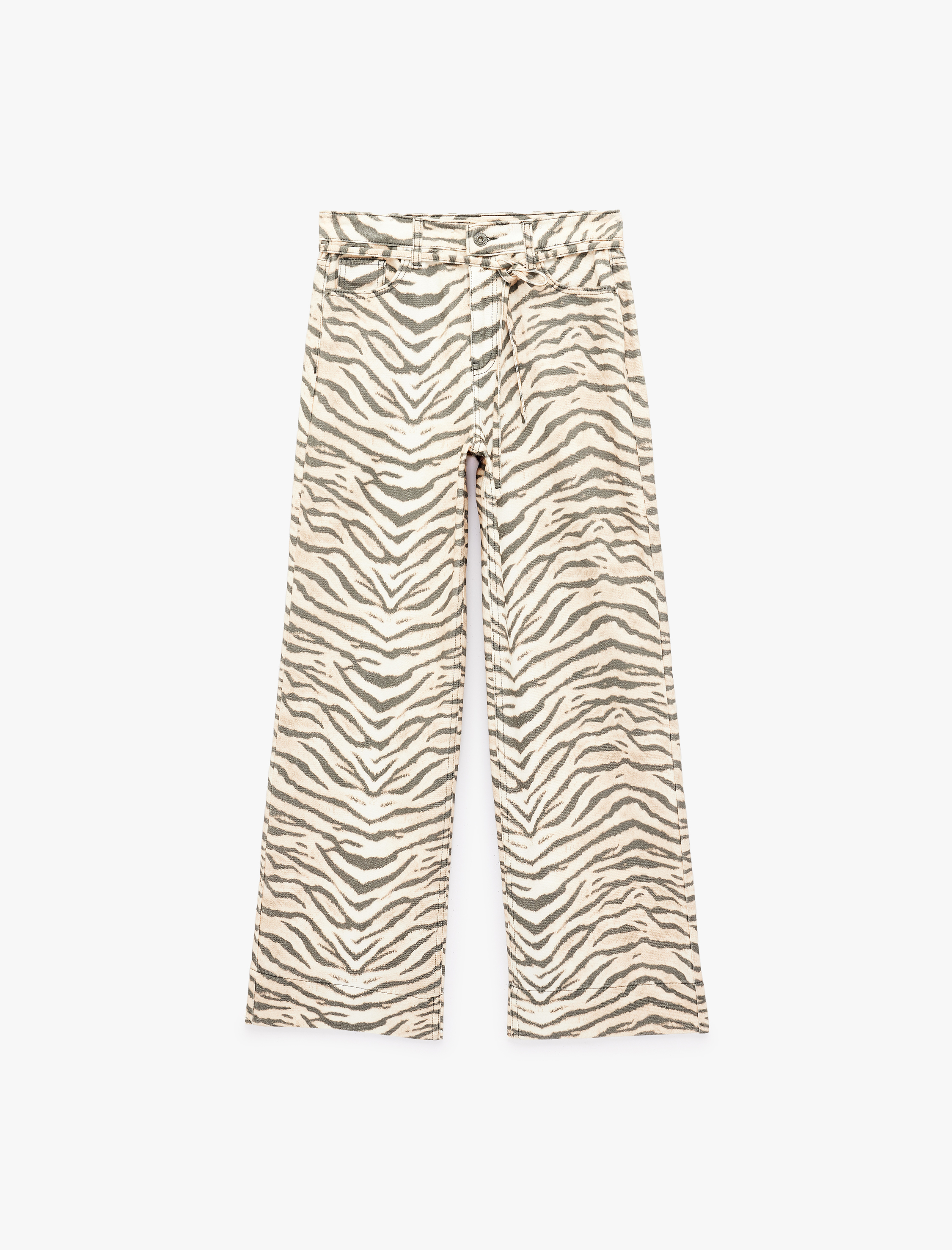   Cepli Zebra Desenli Normal Bel Bağcıklı Pamuklu Geniş Paça Denim Pantolon -  Wide Leg Jeans