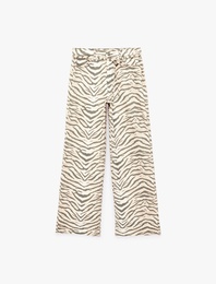 Cepli Zebra Desenli Normal Bel Bağcıklı Pamuklu Geniş Paça Denim Pantolon -  Wide Leg Jeans