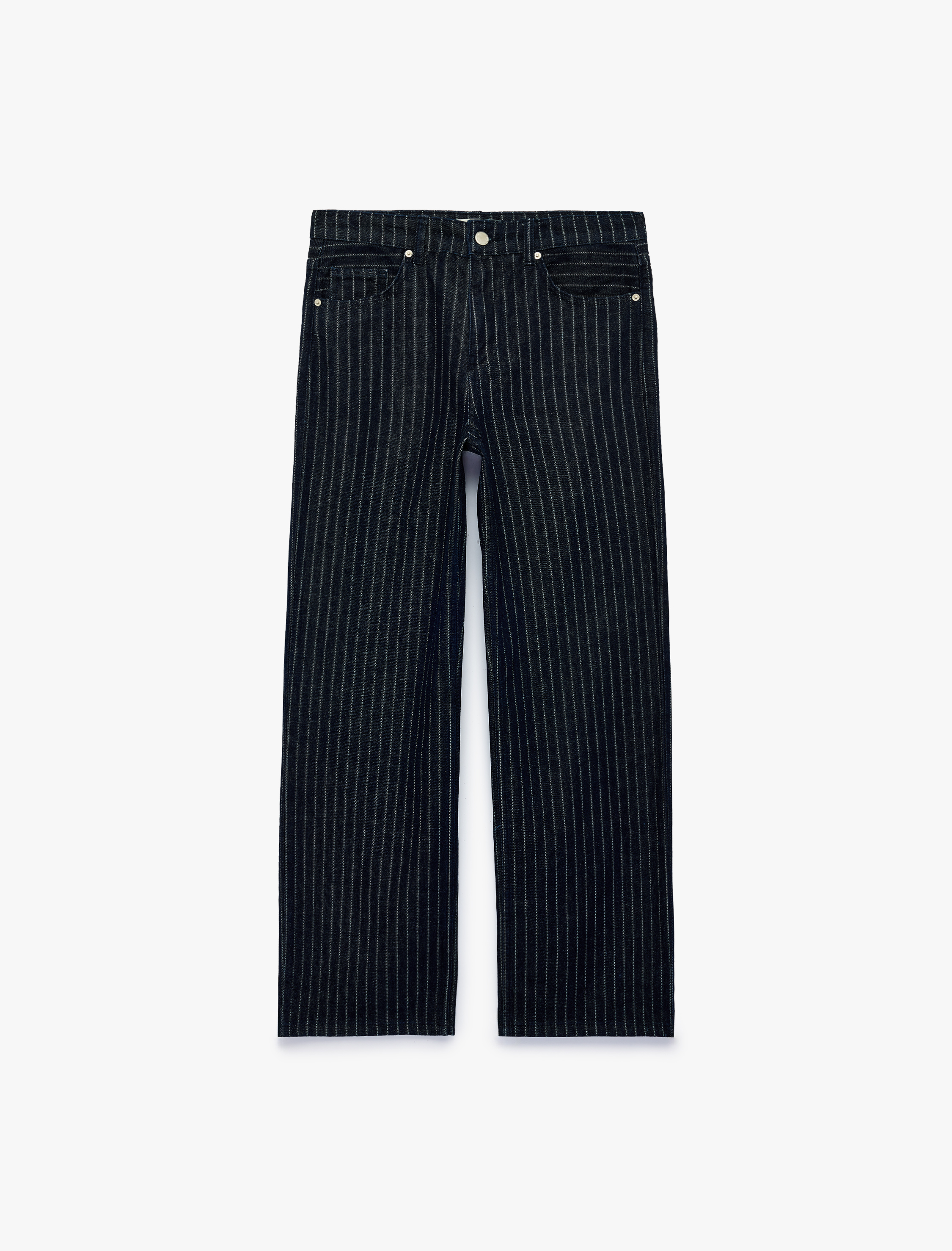   Normal Bel Beş Cepli Düz Paça Pamuklu Baggy Kesim Çizgili Denim Pantolon - Baggy Jeans