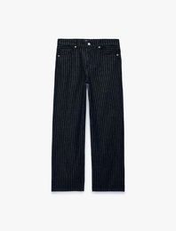 Normal Bel Beş Cepli Düz Paça Pamuklu Baggy Kesim Çizgili Denim Pantolon - Baggy Jeans