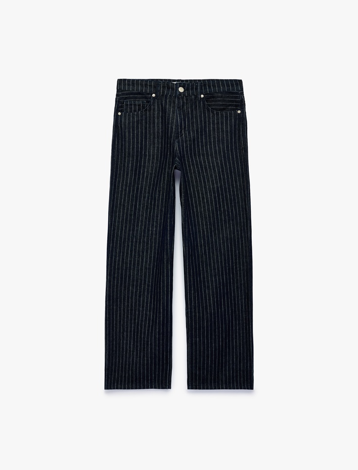  Normal Bel Beş Cepli Düz Paça Pamuklu Baggy Kesim Çizgili Denim Pantolon - Baggy Jeans