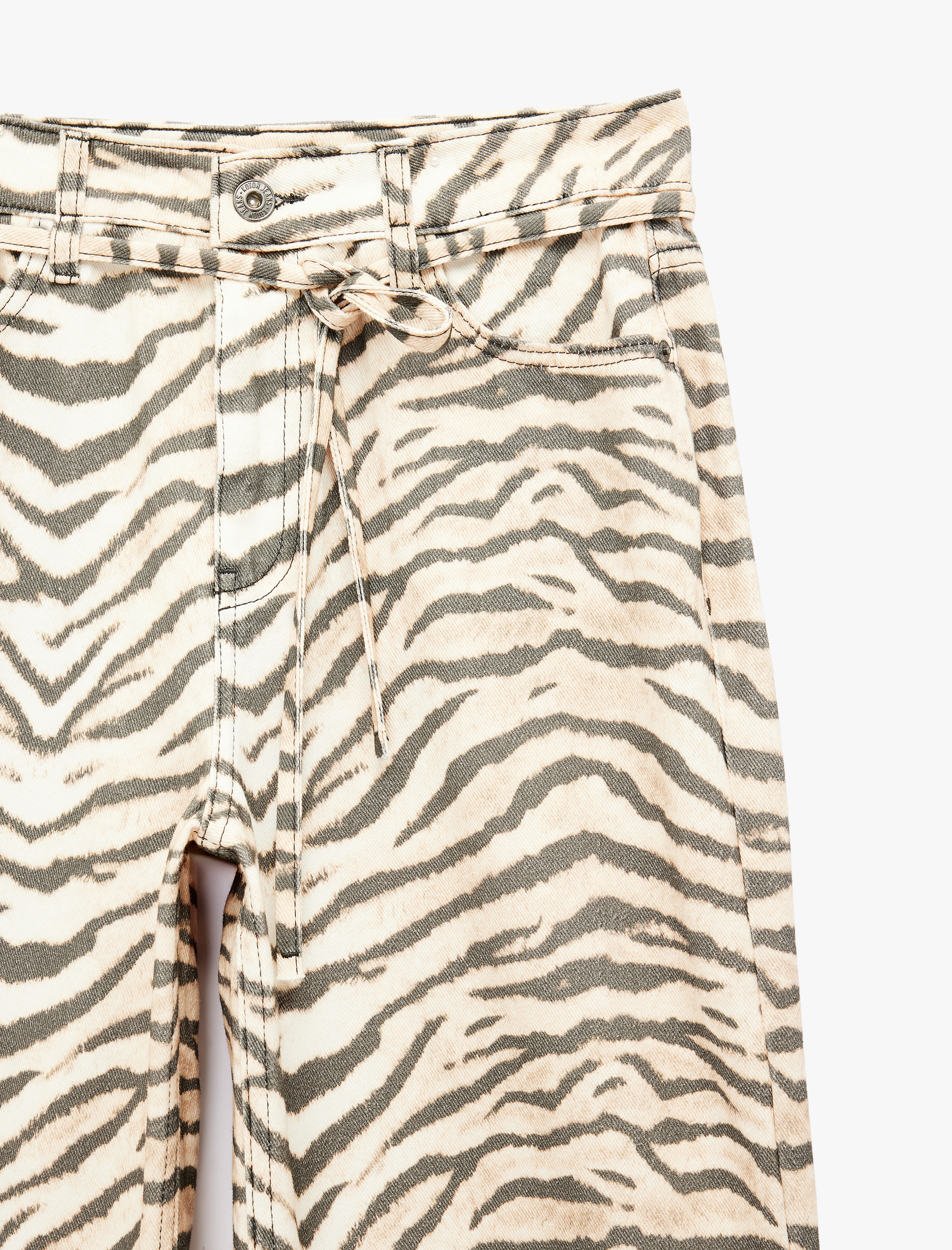   Cepli Zebra Desenli Normal Bel Bağcıklı Pamuklu Geniş Paça Denim Pantolon -  Wide Leg Jeans